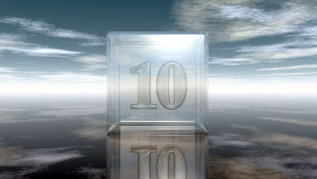 number ten in glass cube under cloudy sky - 3d rendering