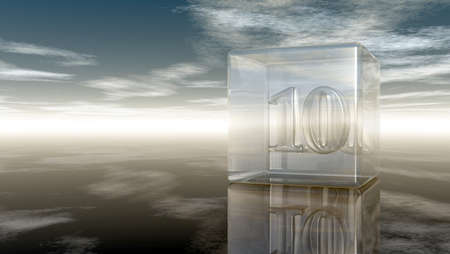 number ten in glass cube under cloudy sky - 3d renderingの写真素材