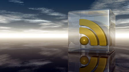 rss symbol in glass cube under cloudy blue sky - 3d illustration
