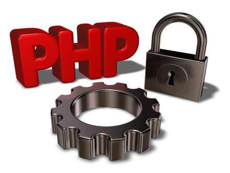 php tag, padlock and cogwheel - 3d illustrationの写真素材