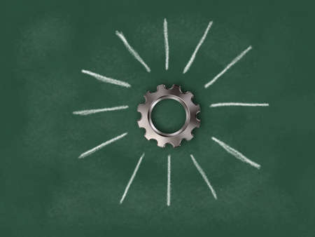 gear wheel on chalkboard with sunbeams - 3d renderingの写真素材