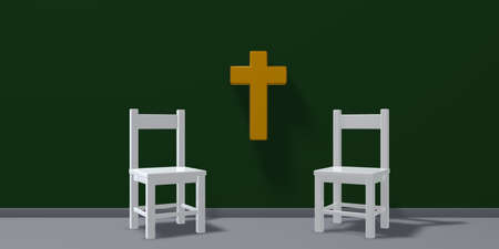 two chairs and christian cross - 3d renderingの写真素材
