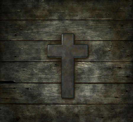 christian cross on old wooden plankの写真素材