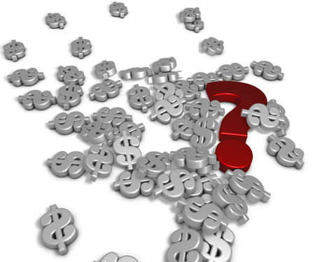 disorder of dollar symbols and question mark on white background - 3d renderingの写真素材