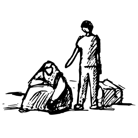 Syrian refugees, mother and child fleeing from the war.のイラスト素材