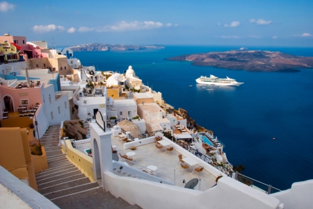 The island of Santorini  Morning view of the harbor, the volcano and Thiraの写真素材