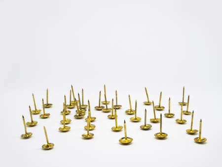 group of gold metal thumb tack on isolated white background