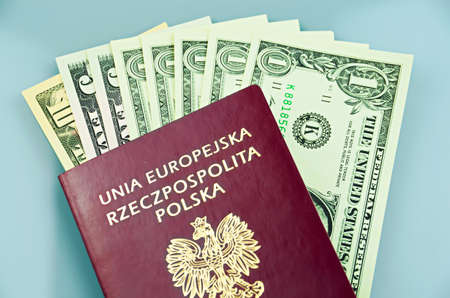 Passport with us dollars banknotes insideの写真素材