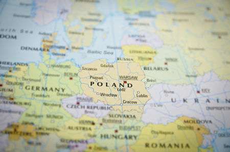Poland in close up on the map. Focus on the name of country.の写真素材