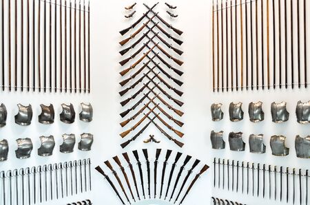 Wall decorated with royal armour inside museum Royal Armouries in Leedsのeditorial素材