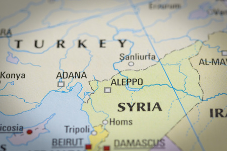 Syria-Aleppo in close up on the map. Focus on the name of country.の写真素材