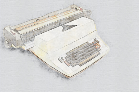 Old typewriter from the 1960's on medium gray background, technical drawingの写真素材