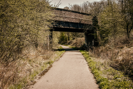 Metal bridge or tunel in the autumn forestの写真素材