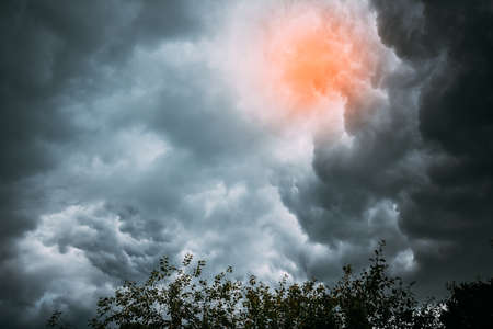 Dramatic dark sky and clouds. Cloudy sky background. Sky before thunder storm and rain.