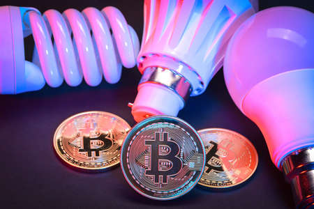 The concept of LED bulbs with banknotes of dollars and bitcoins as electricity costsの写真素材