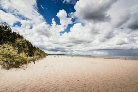 Beautiful empty Baltic beach with footprints in sand. Scenic picturesque summer seascape. Baltic Sea coast, Stegna, Pomerania, northern Poland.の写真素材