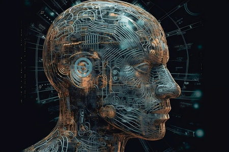 Illustration of Human-like Artificial Intelligence Head with Electronic Circuit Skin Texture and Computer Control Likeの素材