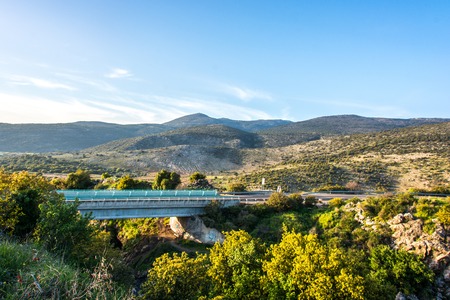 panoramic green mountain valley, bridgeの写真素材