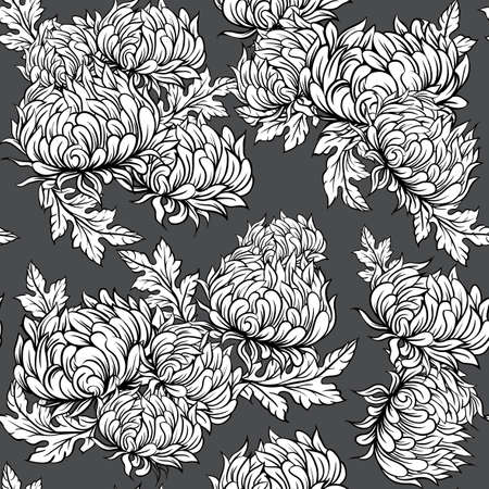 Vector illustration of a seamless pattern with peony flowers in retro style on a black backgroundのイラスト素材