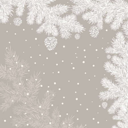 Vector illustration. Christmas and new year card design. Silhouette of white tree branches with cones and snow on beige background.のイラスト素材