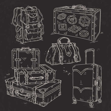 Vector illustration, hand sketch icon set, suitcase, bag and backpack for travel drawn on black backgroundのイラスト素材