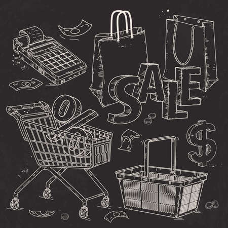 Vector illustration, set icons for supermarket and trade, the trading equipment, cash register and bags and the inscription sale drawn on black backgroundのイラスト素材
