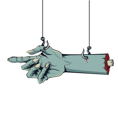 Vector graphics, illustration in the style of a comic Zombie hand hanging on hooks with pointing finger.のイラスト素材