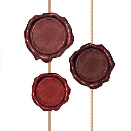Vector illustration of set of color wax seal and brush the rope on a background of aged paperのイラスト素材