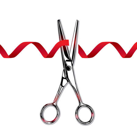 Vector illustration of stainless steel scissors cut the red ribbon on white backgroundのイラスト素材