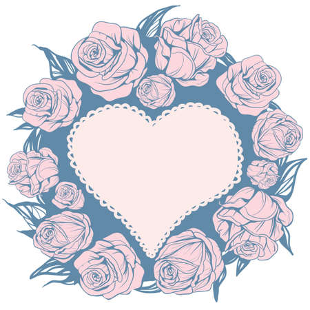 Figure wreath decorated with leaves, pink roses in the center of the frame in the form of heart with lace edgeのイラスト素材