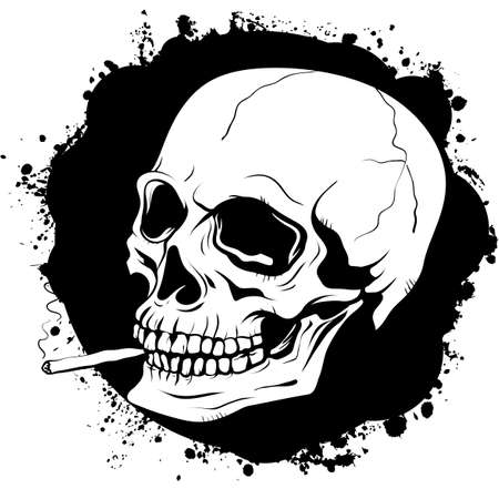 poster with a graphic pattern of human skull with a cigarette on a black background with a torn texture stained by inkのイラスト素材