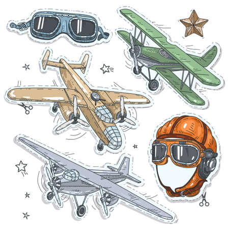 Vector illustration sketch, of comic style colorful icons, set retro old aircraft, pilot helmet and glasses pilotのイラスト素材