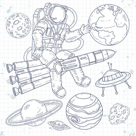 Vector illustration, sketch icons, set cosmos, astronaut spaceman flies in space sits on a rocket and waves his hand around the planet and UFO drawn on notebook cellのイラスト素材