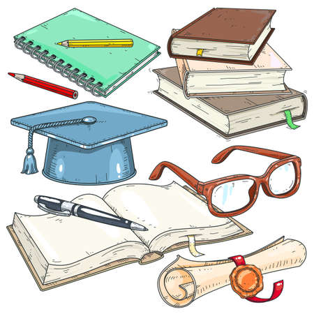 Vector illustration, icons colored for students, student cap, scroll with seal, opened book with glassesisolated on white backgroundのイラスト素材
