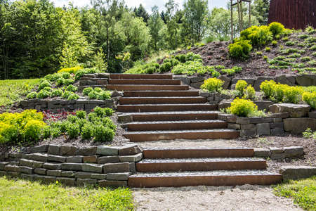 wide stone stairs in the rock garden parkの写真素材