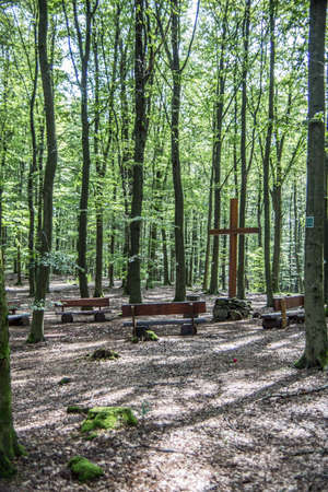 Memorial with cross in the cemetery forestの写真素材