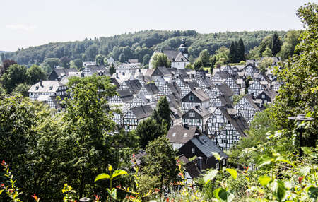 Half-timbered houses in the old town of Freudenbergの写真素材