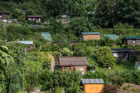 Allotments with houses on a slopeの写真素材