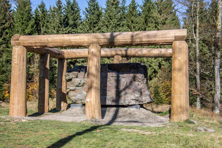 Huge boulder in the forest as an art eventのeditorial素材