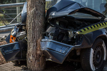 black car drives head-on against treeの写真素材
