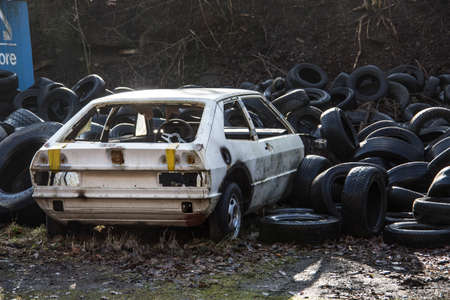large pile of used tires for recyclingの写真素材
