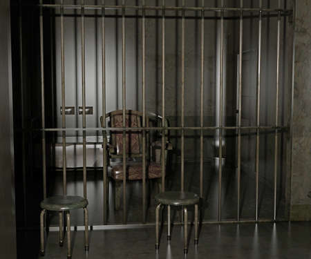 Prison cell with bars and stools