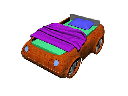 Cot in the form of a car with bed linenの写真素材