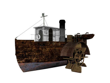 old wooden paddle steamer on the seaの写真素材