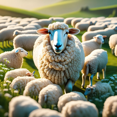 a herd of sheep grazes sociable in the pastureの素材