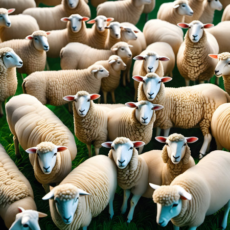 a herd of sheep grazes sociable in the pastureの素材
