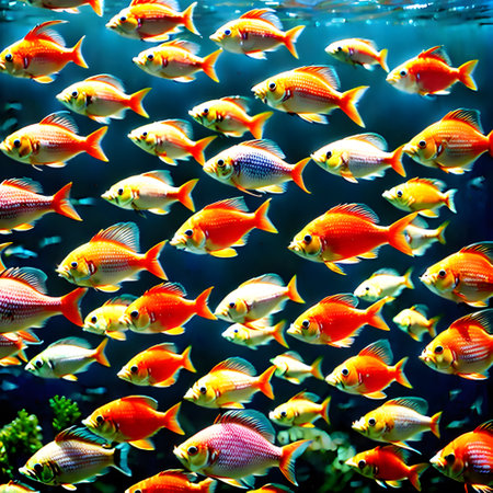colorful fish swim in swarms in the seaの素材