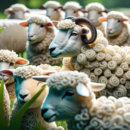 a herd of sheep grazes sociable in the pastureの素材