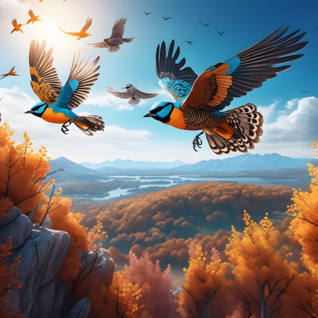 colorful trilling songbirds fly through the skyの素材