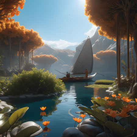 wide landscape with trees and lakeの素材